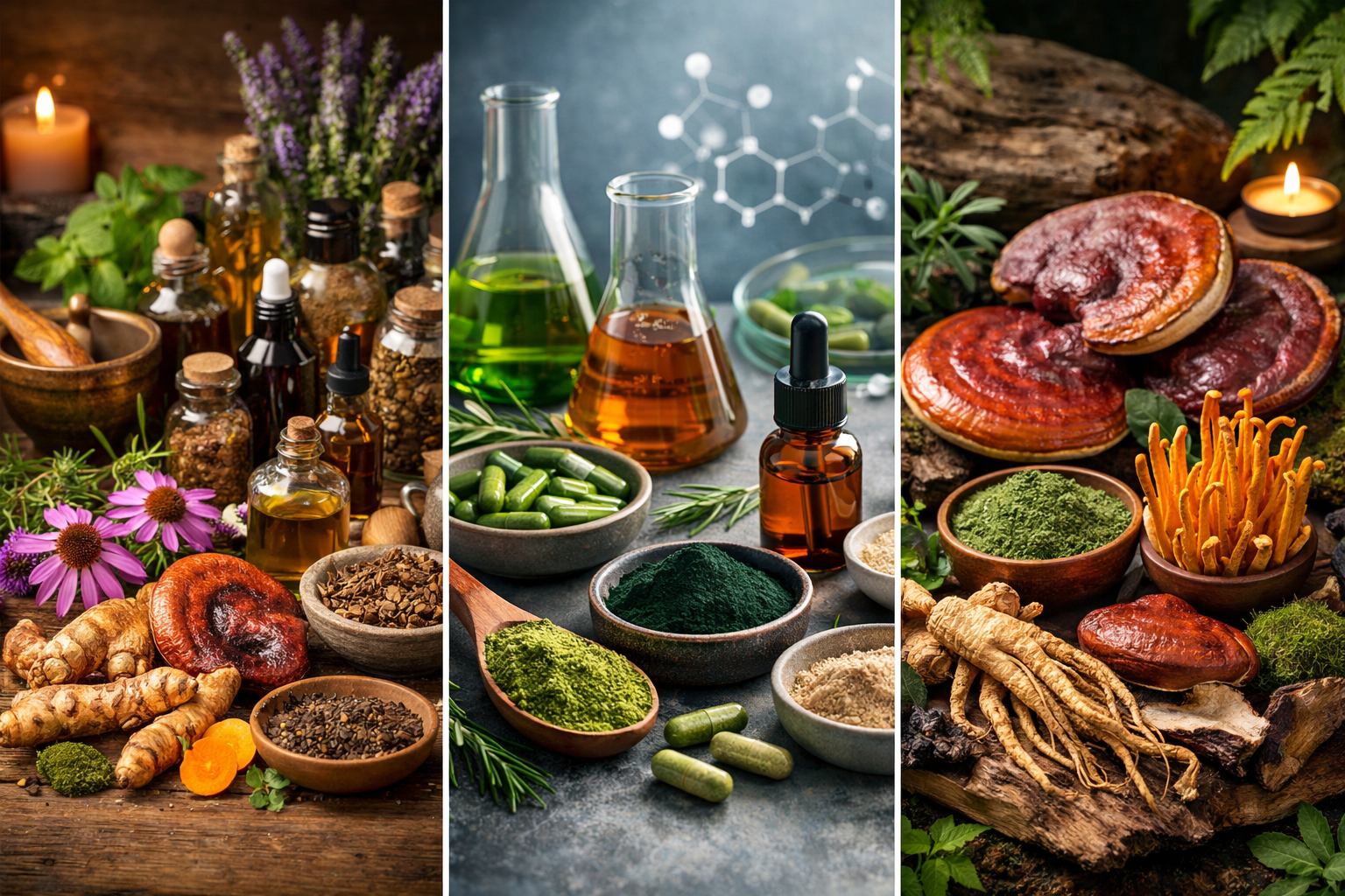 Selección de plantas medicinales: cúrcuma, ginseng, té verde, arándano, espirulina